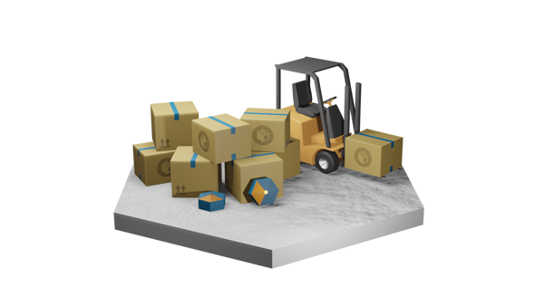 Isometric warehouse illustration with forklift moving boxes for inventory management and tracking