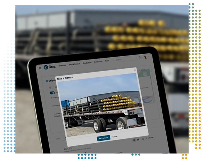 Tablet showing Fion photo capture and electronic signature features in a pipeyard setting
