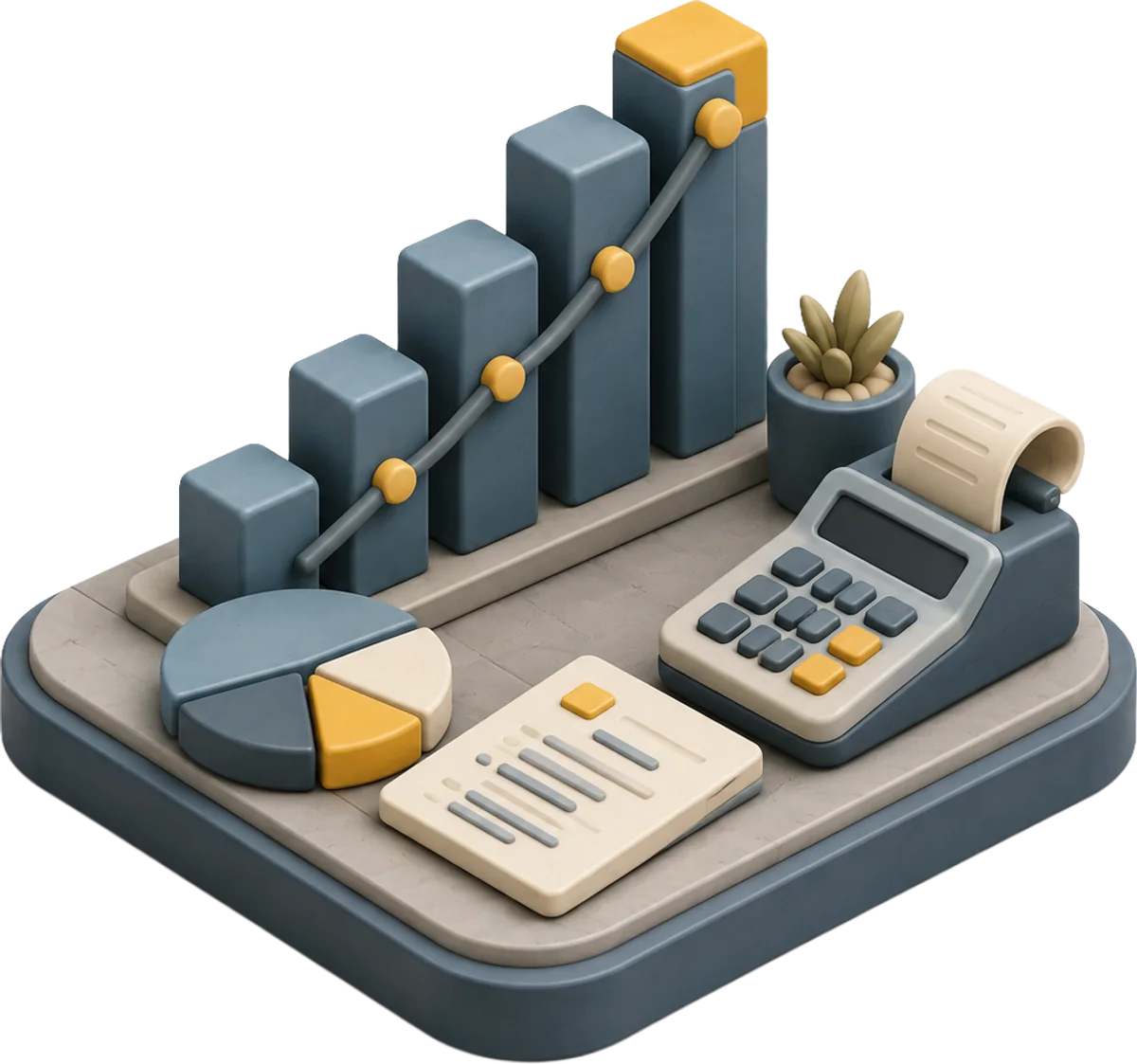 Isometric illustration of financial reporting — a rising bar chart with a trend line, a pie chart, a printed statement, and an adding machine with a paper tape.