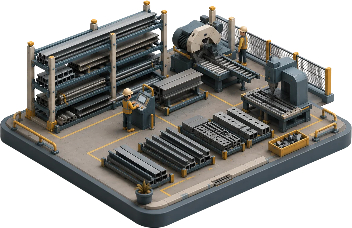 Isometric illustration of a structural steel shop — beams, channel, and tube on cantilever racks, a cold saw on a roller conveyor, and bundled cut lengths staged on the floor.