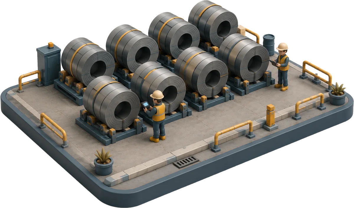 Isometric illustration of a coil storage yard — steel coils banded and cradled on stands, with two workers checking stock on handheld devices.