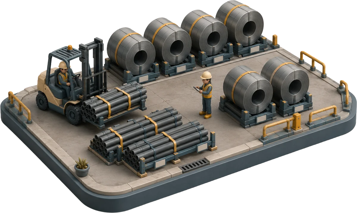 Isometric illustration of a steel yard — banded pipe bundles and steel coils on racks, with a forklift operator and a worker checking stock on a tablet.