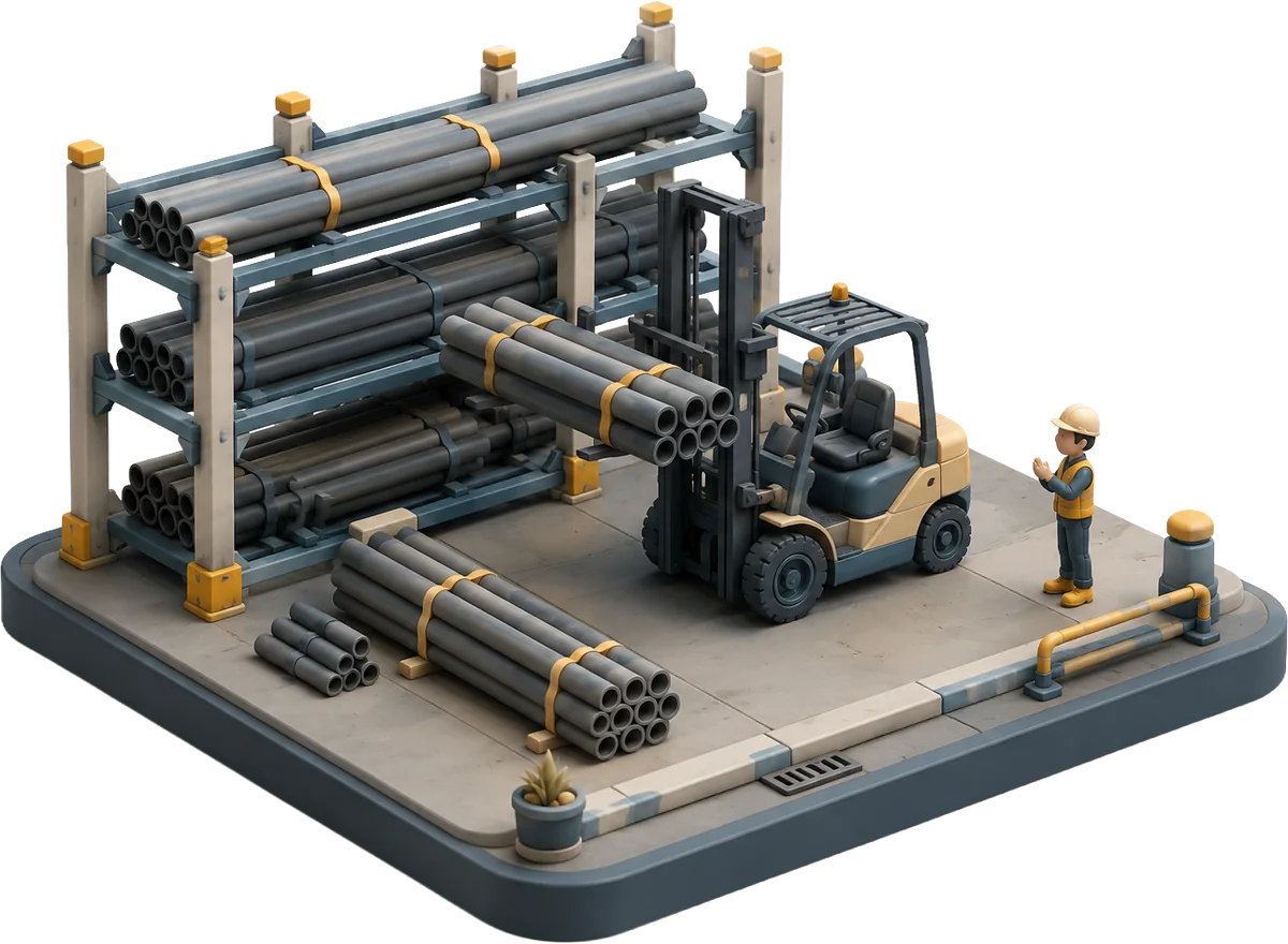 Isometric illustration of a stocked pipe yard — banded bundles on multi-tier cantilever racks, a forklift lifting a bundle clear, and a worker checking stock alongside.