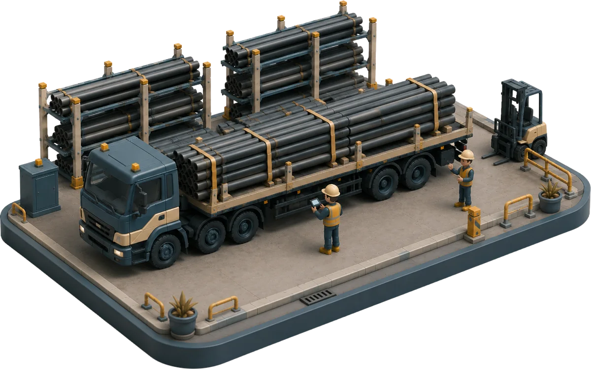Isometric illustration of a shipping yard — a flatbed truck loaded with banded pipe bundles, storage racks and a forklift behind it, and two workers checking the load on a handheld.