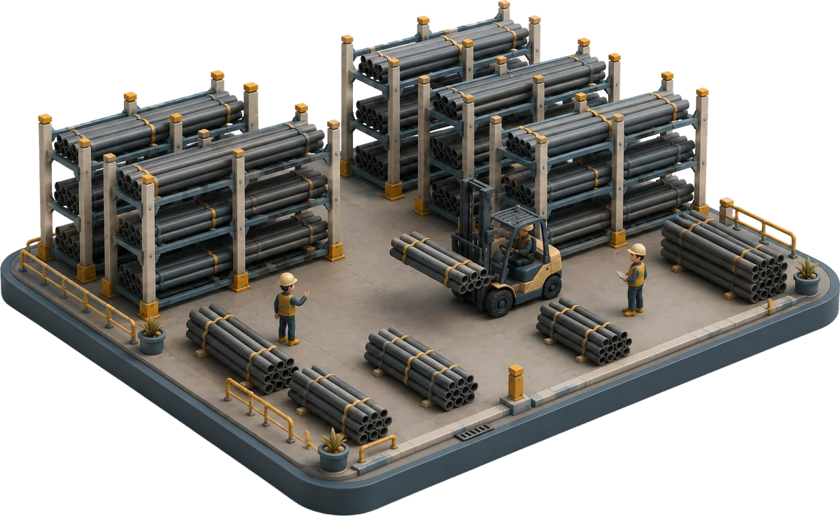 Isometric illustration of a pipe yard — banded pipe bundles on multi-tier storage racks, a forklift carrying a bundle, and two workers checking stock.