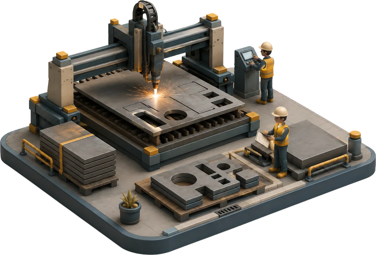 Isometric illustration of a plate cutting table — a CNC torch burning parts from a steel plate, with nested cut pieces and banded plate stacks nearby.