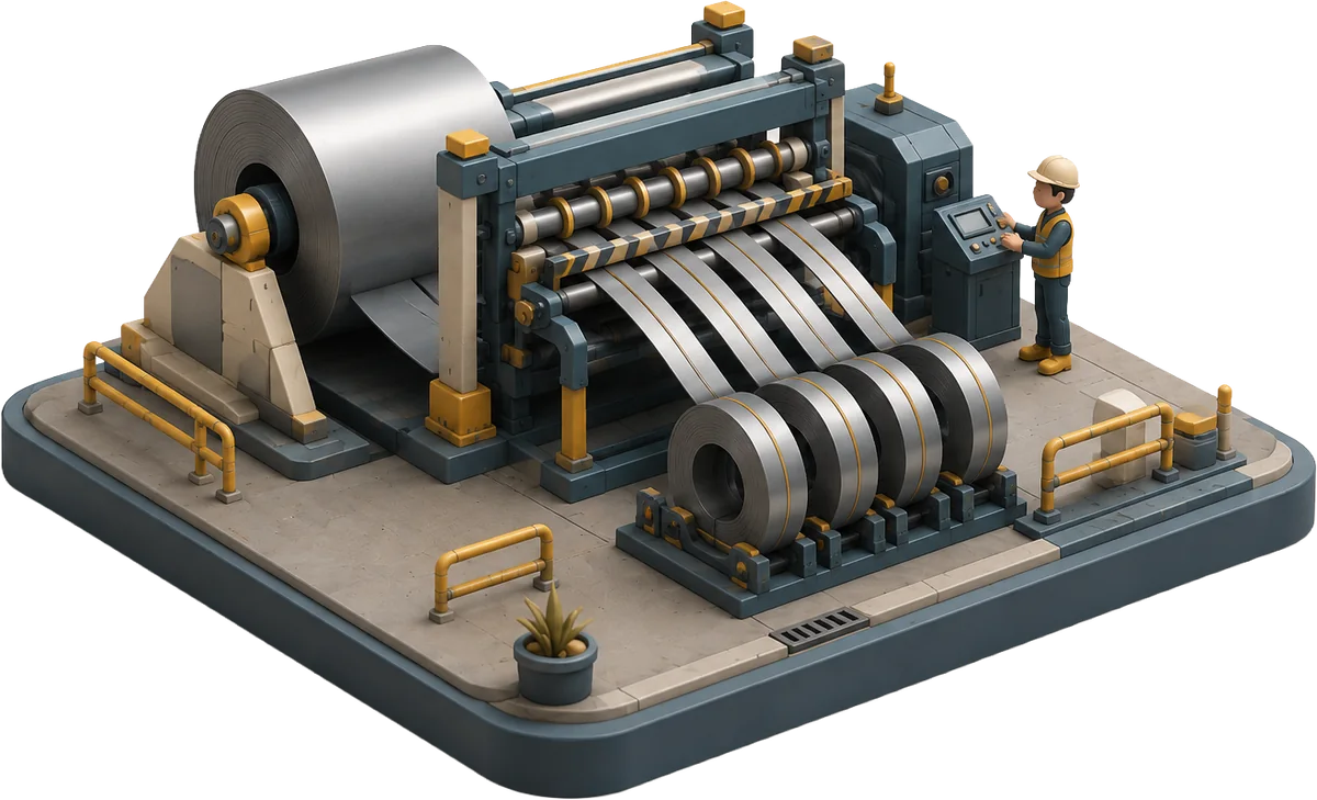 Isometric illustration of a coil slitting line — a master coil unwinding through slitter heads into narrow mults, with an operator at the control panel.