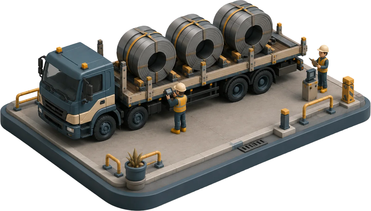 Isometric illustration of an inbound delivery — a flatbed truck carrying banded steel coils, with two workers checking the load in on a handheld and a clipboard.
