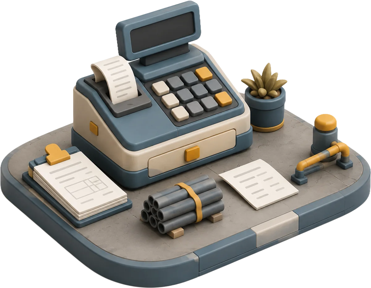 Isometric illustration of a sales counter — a till with a printed receipt, a clipboard of order paperwork, a quote sheet, and a banded pipe bundle alongside.