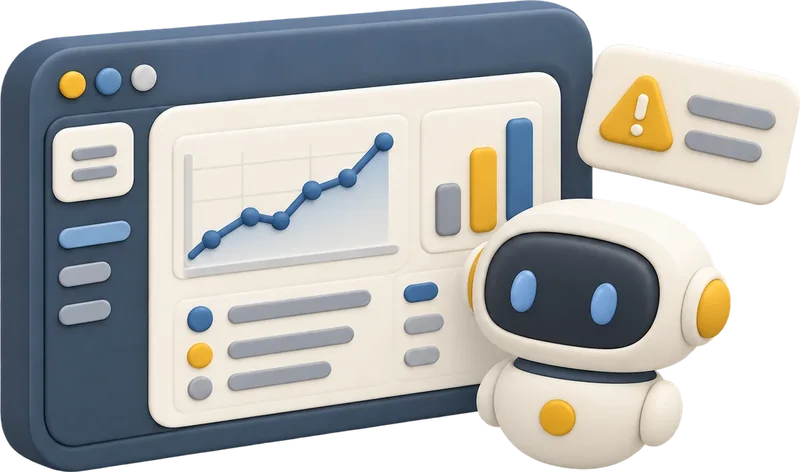 AI copilot beside a dashboard with charts and an alert