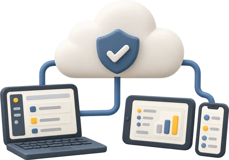 Laptop, tablet, and phone connected to a secure cloud
